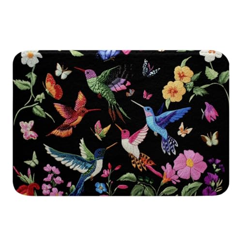 Loussiesd Vögel Badematte 40x60cm Blumen Badezimmerteppich für Duschraum Boho Badteppiche Waschbar Kohlenstoffschwarz Badematte Zimmer Dekor Badvorleger von Loussiesd