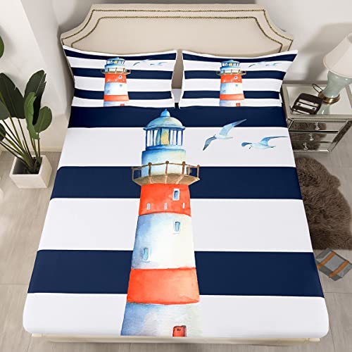 Loussiesd Wachturm Bettlaken Set Kinder Nautische Spannbettlaken 90x200cm Blau Weiß Streifen Spannbetttuch für Frauen Männer Leicht Ozean Thema Bettdeckenbezug Mit 1 Kissenbezug von Loussiesd