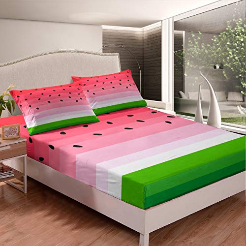 Loussiesd Wassermelone Bettlaken Set Tropenfruchtdruck Spannbetttuch für Frauen Frischer Ananasstreifen Spannbettlaken 160x200cm Atmungsaktiv Rot Grün Atmungsaktiv von Loussiesd