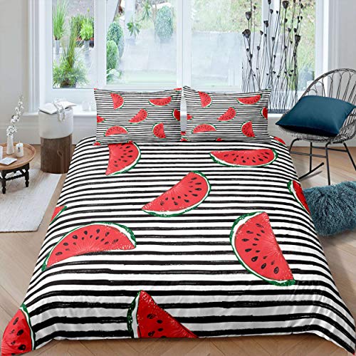 Loussiesd Wassermelone Drucken Bettwäsche Set 135x200cm Sommer Obst Thema Bettbezug Set Weiß Schwarz Streifen Muster Bettwäsche Tropisch Rot Wassermelone Betten Set Mikrofaser von Loussiesd