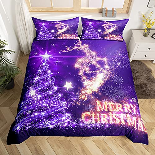 Loussiesd Weihnachten Bettbezug Set Weihnachten Baum REH Drucken Bettwäsche Set 135x200cm Xmas Urlaub Betten Set Leicht 1 Bettbezug Set mit 1 Kissenbezug Lila von Loussiesd