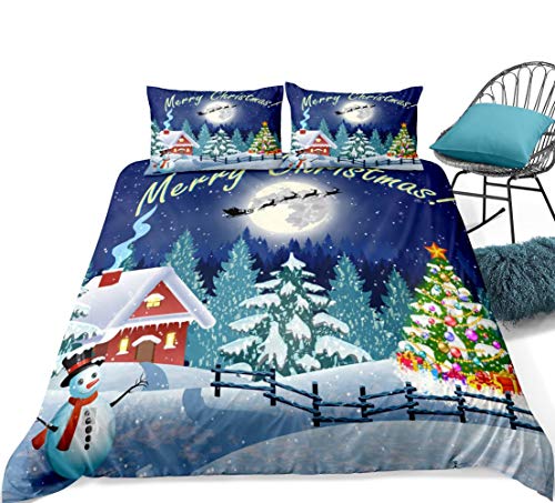 Loussiesd Weihnachts-Bettwäsche Set mit Weihnachtsmann in der Nacht Schneeflocken Blau Bettbezug Set 2-teilig mit Kissenbezügen 80x80cm von Loussiesd