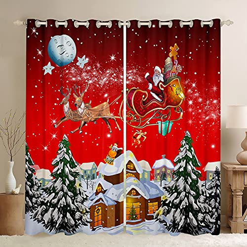 Loussiesd WeihnachtsVorhänge für Kinder Weihnachtsmann Schlitten Hirsch Blickdichte Vorhänge Rot Weihnachten Dekor Karikatur Hütte Fenstervorhang 175x140cm Glitzer Sterne Mond Schnee von Loussiesd