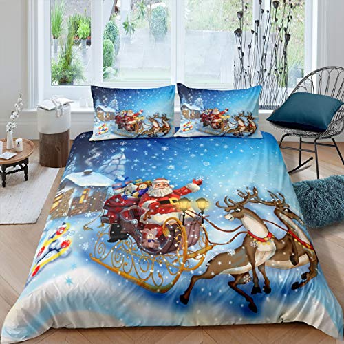 Loussiesd Weihnachtsmann Elch Muster Bettw?sche Set Kinder M?dchen Jungen Weihnachten Bettw?sche 135x200cm Blau Xmas Dekor Mikrofaser Bettbezug Set mit 1 Kissenbezug 80x80cm… von Loussiesd