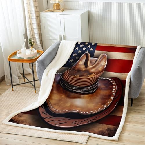Loussiesd Western Cowboy Wohndecke Flagge Decke 150x200cm für Kinder Cowboy Boot Hut Kuscheldecke Bauernhaus Flanell Fleecedecke von Loussiesd
