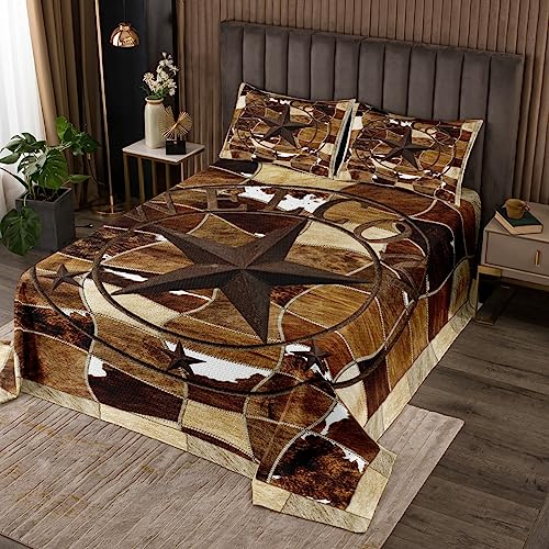 Loussiesd Western Texas Star Bettüberwurf Cowhide Tagesdecke 240x260cm Rustikal Bauernhaus Steppdecke Vintage Style Rural Country Bauernhaus Wohndecke Atmungsaktiv Bettwäsche Sammlung 3Stück von Loussiesd