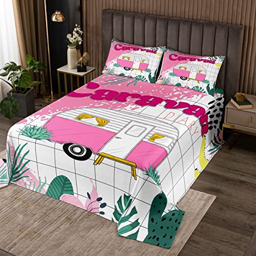 Loussiesd Wohnmobil Tagesdecke 170x210cm für Mädchen Jungen Kinder Camping Tropisch Botanical Steppdecke Dekorative Cartoon Camping Auto Bettüberwurf Wohndecke 2Stück Doppelbett Gesteppt von Loussiesd