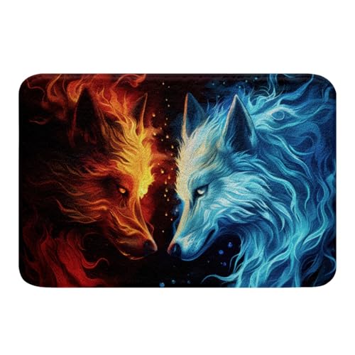 Loussiesd Wolf Badematte 40x60cm Kinder Wölfe heulen Badematte für Duschraum Tierwölfe Badteppiche Waschbar Blau Orange Waschbar Dekor Badvorleger von Loussiesd
