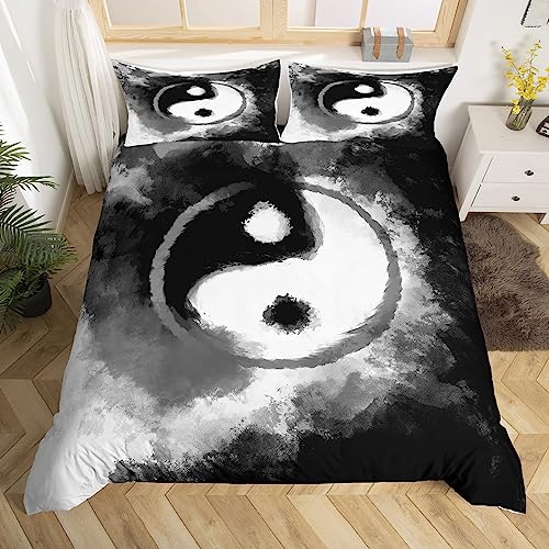 Loussiesd Yin Yang Bettwäsche Set 135x200cm Kinder Boho Trippy Betten Set für Jungen Mädchen Tradition Muster Bettbezug Set Atmungsaktiv Psychedelic Friedenszeichen Bettdeckenbezug Ink Art Bettbezug von Loussiesd