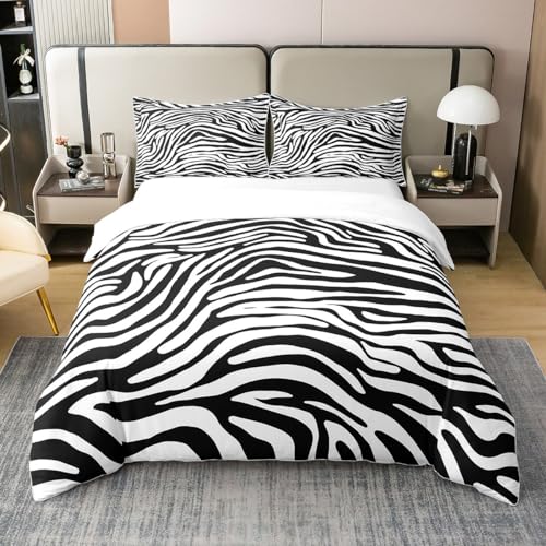 Loussiesd Zebra Streifen Bettbezug Set Leopard Drucken Bettwäsche Set 155x220cm 100% Baumwolle für Kinder Jungen Mädchen Jugendliche Dekor 3D Wild Tier Haut Textur Betten Set Schwarz-Weiß Fell 2St von Loussiesd