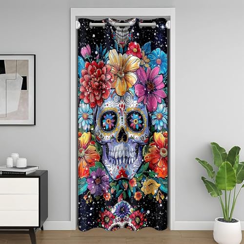 Loussiesd Zucker Schädel Türvorhang 132x203cm für Kinder Mädchen Teens Blüte Blumen Muster Vorhang Gothic Schädel Türvorhang Boho Thema für Tür Privatsphäre Vorhang für Innentür Raumteiler von Loussiesd