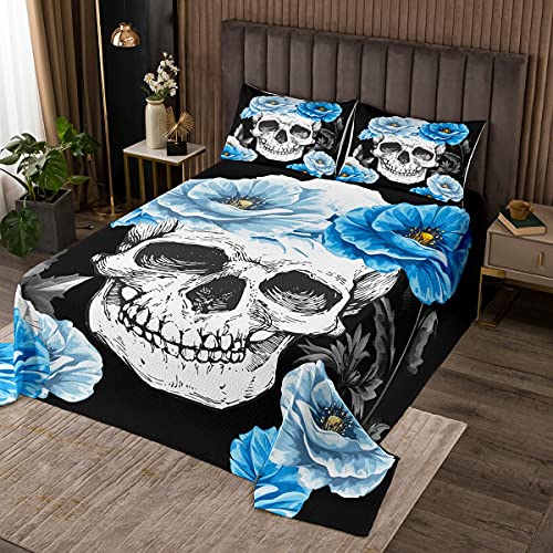 Loussiesd Zuckerschädel Bettüberwurf gotisch Totenkopf Steppdecke Erwachsene Jahrgang Personalisierte Blaue Blumen Tagesdeck 220x240cm Halloween Thema Wohndecke Skelett Knochen 3St von Loussiesd