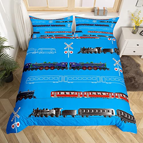 Loussiesd Zug Kinderbettwäsche mädchen 135 x 200 Bettbezug Jungen Retro Dampfmaschine Kleinkind Bettwäsche Set Jugendliche Eisenbahn Track Transport Bettwäsche-Set Rot Blau Schwarz Dekor Zimmer 2St von Loussiesd