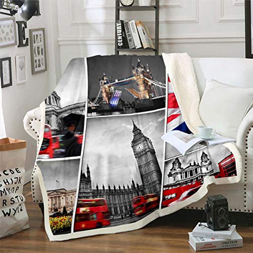 Mädchen Big Ben Wohndecke Rote Telefonzelle Kuscheldecke für Damen Herren Grau UK Thema Decke 75x100cm Englands Stadtbild London Bridge Dekor Flanell Fleecedecke von Loussiesd