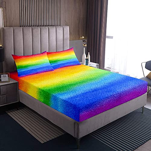 Mädchen Regenbogen Spannbettlaken 140x90cm Bunte Streifen Spannbetttuch Rot Gelb Grün Blau Lila Bettlaken Set Mehrfarbiges Spannbettlaken mit 1 Kissenbezug 80x80cm Weicher Luxus Atmungsaktiv von Loussiesd