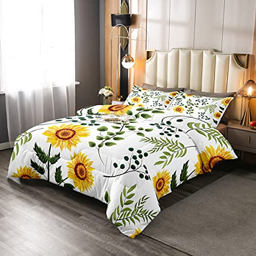 Mädchen Sonnenblume Bettdecke 200x200cm Blumendruck Steppbett für Kinder Botanische Blattzweige Wohnkultur Winter Sommer Bettdecke Grün Gelb Bauernhaus 4-Jahreszeiten Bettdecke 2 Kissenbezug von Loussiesd