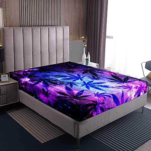 Marihuana Blatt Spannbetttuch 160x200cm Cannabis Galaxy Betten Sets Spannbettlaken Marihuana Weed Blatt Bettlaken Sanft Chic Lila Blau Galaxis Spannbettlaken für Frauen Mädchen Raumdekoration von Loussiesd