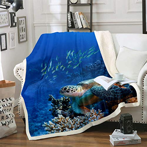 Meeresschildkröte Kuscheldecke 3D Reptil Bedruckte Decke für Sofa Couch Bett Ozean Marine Theme Fleece Wohndecke Unterwasser Welt Warm Couchdecke Raumdekor Plüsch Flanell Fleecedecke 130x150cm von Loussiesd