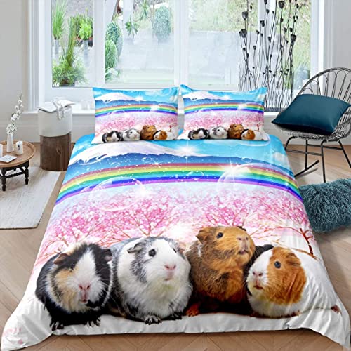 Meerschweinchen Bettwäsche Set 200x200cm für Mädchen Jungen Niedlich Meerschweinchen Schön Haustier Betten Set Regenbogen Berg Landschaft Bettbezug Set Zimmer Dekor Kirsche Baum Sammlung 3St von Loussiesd