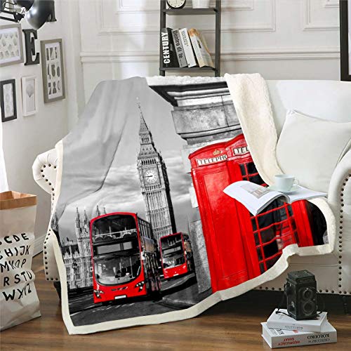 Modernes Stadtbild Wohndecke London Flanell Fleecedecke für Schlafsofa Couch Retro-Telefonzelle The Big Ben Print Decke Rot Grau Berühmte europ?ische Stadtzimmerdekoration 220x240cm von Loussiesd