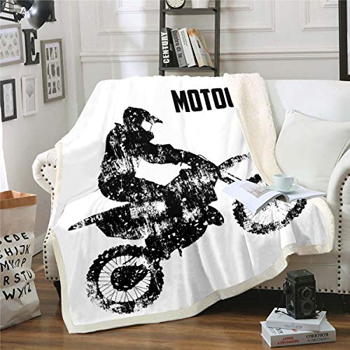 Motocross Fahrer Flanell Fleecedecke 150x200cm Jungen Extremsport Thema Kuscheldecke Schwarz Weiß Motorrad Muster Wohndecke für Bed Dirt Bike Couchdecke von Loussiesd