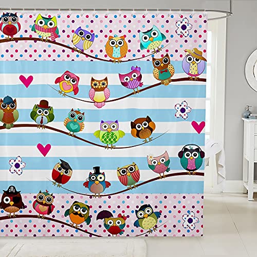 Niedliche Eule Duschvorhang 180x200cm 3D Tier Duschvorhang Textil für Kinder Bunte Karikatur Eulen mit Haken Lustiger Vogel Wasserdichtes Gewebe Badezimmer Dekor Rosa Blau Schlafzimmer Dekor von Loussiesd