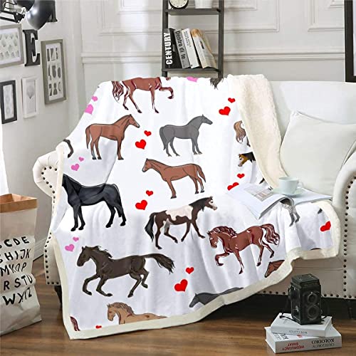 Niedliche Pferdedecke 150x200cm für Kinder Mädchen Ponys Herz Fleecedecke Ganzjahres Kuscheldecke Couch Sofa wirft Cartoon Nutztiere Sherpa Decke Pferd Fuzzy Wohndecke Atmungsaktiv Decke von Loussiesd