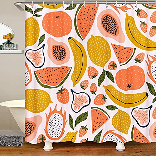 Obst Duschvorhang Textil Erdbeer Wassermelone Duschvorhang 180x180cm für Kinder Erwachsene Süße Papaya Zitrone Pitaya Badvorhang Karikatur tropische Frucht Waschbar Duschvorhang Bunte Dekoration von Loussiesd