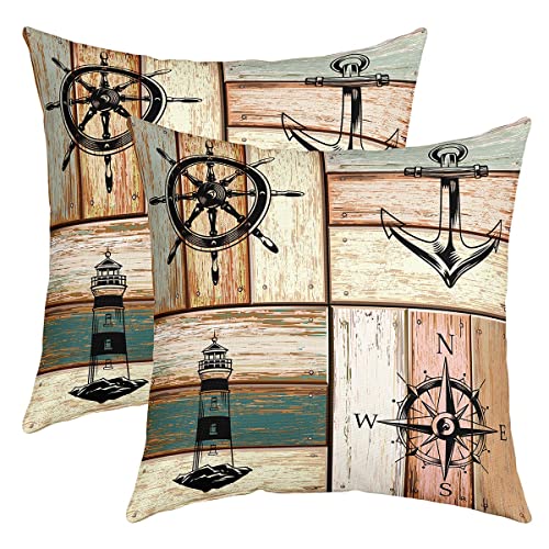 Ozean Kissenbezüge 45x45cm 2er Set Kissenbezüge Weich Compass Lighthouse Anker Dekor Kissenhülle für Couch Sofa Wooden Plank Kissenbezug Dekorative Dekokissen Outdoor Sofakissen Couchkissen von Loussiesd