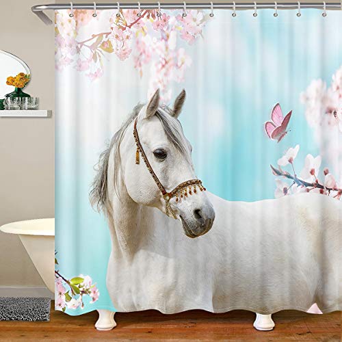 Pferd Drucken Duschvorhang Wild Tier Themed Duschvorhang 180x180cm Schmetterling Blumendruck Badewanne Badvorhang für Kinder Jungen Mädchen Mikrofaser Natur Themed für Eck Dusche Kleine Badewanne von Loussiesd