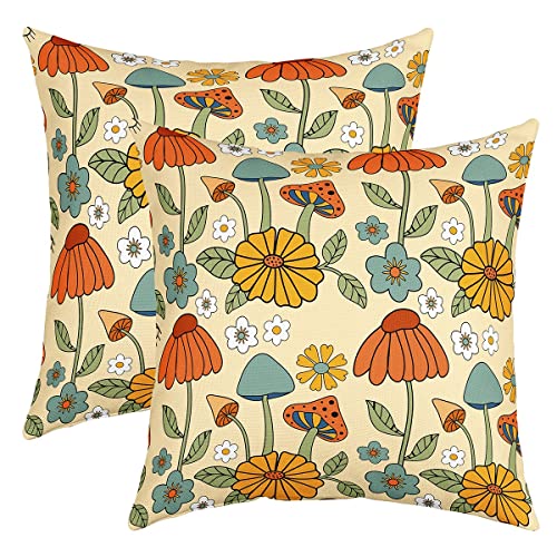 Pilz Kissenbezüge 50x50cm 2er Set Kissenbezüge Weicher Pilz Retro 60S 70S Floral Kissenbezug Kissenhülle für Wohnzimmer Schlafzimmer Vintage Blumen Dekorative Sofakissen Couchkissen für Couch von Loussiesd