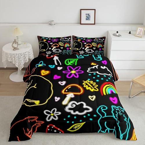 Regenbogen 4-Jahreszeiten Bettdecke Fluorescence Regenbogen Floral Bettdecke 135x200cm für Kinder Jungs Mädchen Bunt Streifen Steppbett Ultra Weicher Mehrfarbig Steppdecke Winter Sommer Bettdecke von Loussiesd