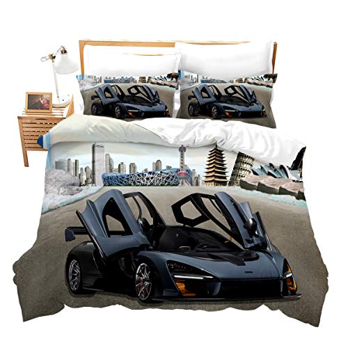 Rennwagen Rennauto 3D Print Betten Set Racing Car Bettwäsche Set Microfaser Himmlische Qualität Luxus Modern Bettbezug mit 1 Kissenbezug 2 teilig 135x200 cm + 80x80 cm Jungen Kinder von Loussiesd