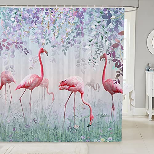 Rosa Flamingo Duschvorhang Botanische Grüne Blätter Bad Vorhang für Badezimmer Badewannen Dekor Tropisch Duschvorhang Textil Lila Bunte Pflanzen Wasserdichte Polyester Badezimmer Vorhänge 180x210cm von Loussiesd