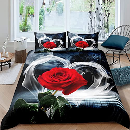 Rot Rose Bettw?sche für M?dchen Frauen Dekor Blumen Bettbezug Set 135x200cm Rose Psychedelisch Rauch Wald Bettw?sche Set 2St Grün hinterl?sst rote Blumen Dekor Betten Set Atmungsaktives Mikrofaser von Loussiesd