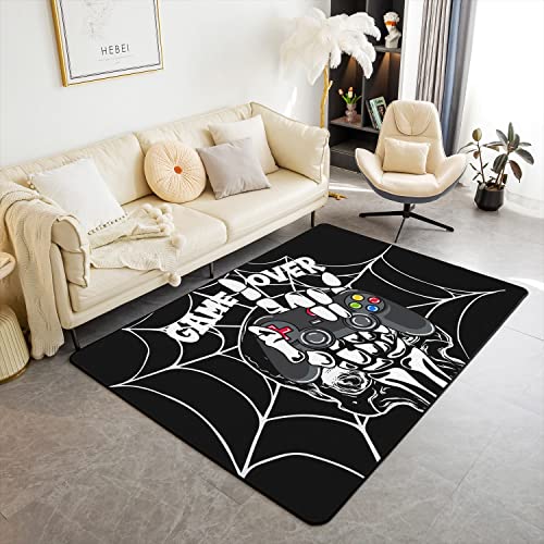Schädel Gamer Dekorativer Teppich Teen Gaming Dekor Wohnzimmer Teppiche Gotische Skelett Akzent Teppich Videospiel Controller gesteppte Innenbodenmatte Schwarz Akzent Moderne Teppich 150x200cm von Loussiesd