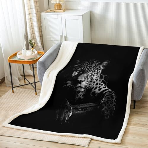 Schwarze Jaguar Sherpa Decke Wildtier Wohndecke Plüschdecke für Sofa Couch Bett Kuscheldecke Leopard Wohndecke Schlafzimmer Dekoration luxuriöse Schwarze Fuzzy-Decke 150x200cm von Loussiesd