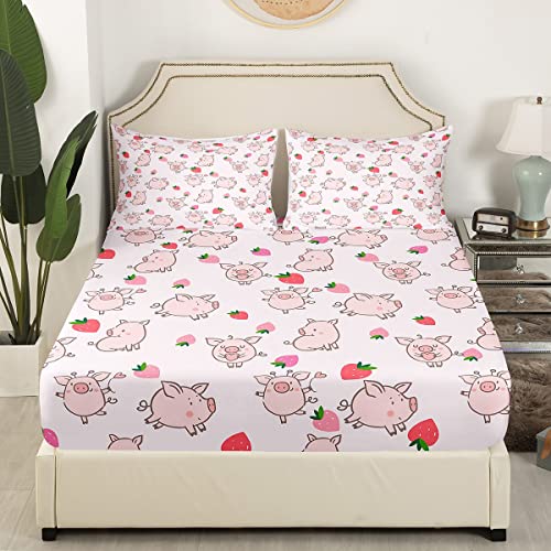 Schwein Drucken Bettlaken Set Karikatur Schweins Sheet Set Wunderschön Tier Drucken Spannbettlaken 90x200cm Kein Bettlaken Erdbeere Rosa Spannbetttuch für Kinder Jungen Mädchen Erwachsene von Loussiesd