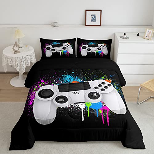 Spiel Gamepad Bettdecke Jungen Spieler Steppbett für Kinder Jugendliche Weißes Videospiel 4-Jahreszeiten Bettdecke 155x220cm Winter Sommer Steppdecke Bunte Krawattenfarbe Modern Spielcontroller von Loussiesd