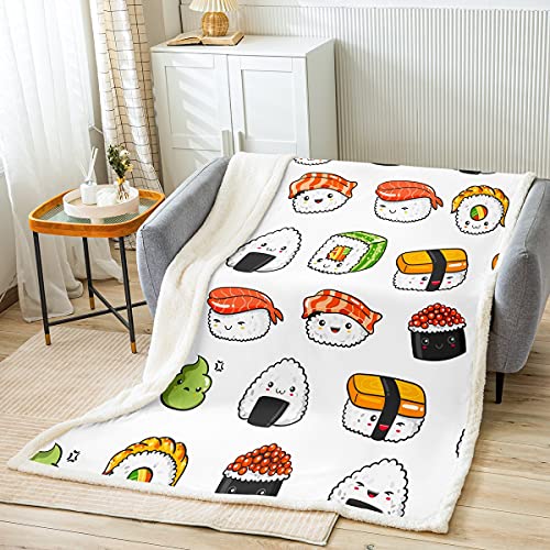 Sushi-Muster Decke Kuscheldecke im japanischen Stil für Kinder Jungen Mädchen Mädchen Essen Thema Wohndecke Niedliche Karikatur Japanische Sushi Flanell Fleecedecke Raumdekor Decke 150x200cm von Loussiesd