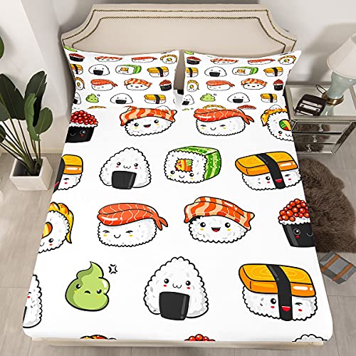 Sushi Muster Spannbettlaken Bettlaken Set im japanischen Stil 160x200cm für Kinder Jungen Mädchen Teenager Essen Thema Spannbetttuch Niedlicher Cartoon Japanisches Sushi Spannbetttuch rutschfeste von Loussiesd