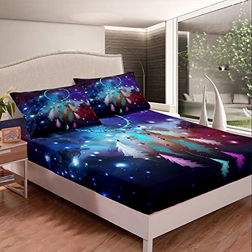 Traumfänger Spannbetttuch Galaxis Boho Traumfänger Bettlaken Set Bohemien Exotisch Stil Spannbettlaken 90x200cm für Jungen Kinderzimmer Dekor Indian Einheimisch amerikanisch Leicht von Loussiesd