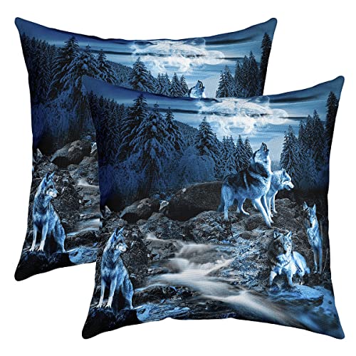 Wölfe Kissenbezug Kissenhülle Wölfe Heulen Kissenbezüge 55x55cm 2er Set Kissenbezüge Weich Tier Wölfe Dekorative Sofakissen Couchkissen Mountain Mond Wölfe Blau Dekokissens von Loussiesd