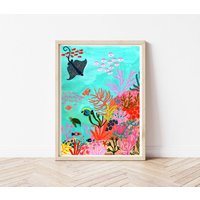 Unter Dem Meer Druck, Seestern Fisch, Ozean Urlaub Reisen Unter Wasser, Handgemalte Designs, Ozean, Druck von Lousurfacepattern