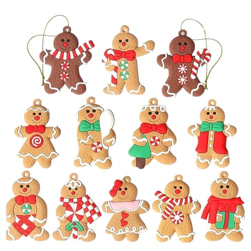 Louttary 12 Stück Weihnachtsschmuck, Verschiedene Lebkuchenfiguren Aus Kunststoff, Ornamente für Weihnachtsbaum-Hängedekorationen, Einfach zu Verwenden von Louttary