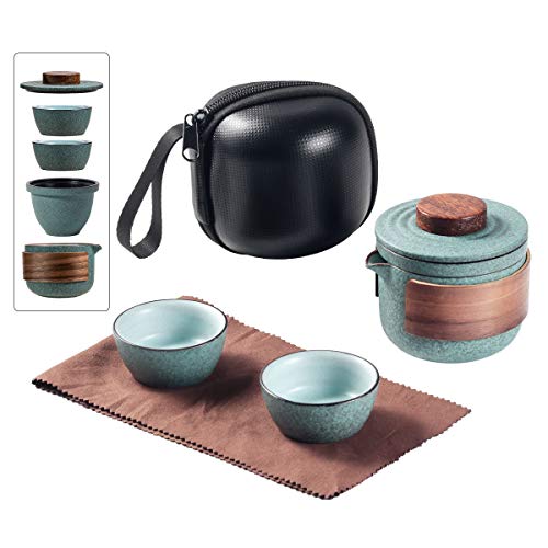 Mini-Reise-Teekannen-Set aus Keramik, chinesische Kung-Fu-Teekanne, 1 Kanne, 2 Tassen, Porzellan-Teetassen mit Tee-Ei, tragbare Tasche für Picknicks im Freien (grün) von Louty