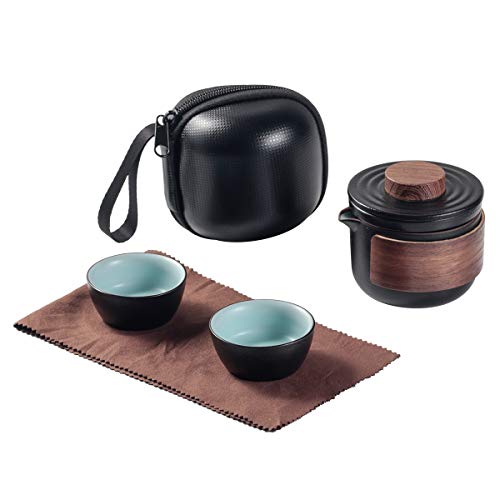 Mini-Reise-Teekanne aus Keramik, chinesische Kung-Fu-Teekanne, 1 Kanne, 2 Tassen, Porzellan-Teetassen mit Tee-Ei, tragbare Tasche für Picknicks im Freien (schwarz) von Louty
