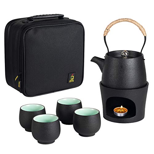 Reise-Keramik-Teekanne mit Teeherdwärmer, 6-teiliges Geschenkset, 1 Kanne, 4 Mini-Tassen, chinesische Kung-Fu-Teekanne, Porzellan-Teetassen, tragbare Schutztasche für Outdoor, Picknick, Camping von Louty