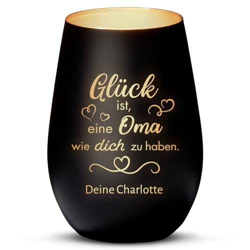 Love Faith Glück ist... Windlicht Schwarz/Gold - Personalisiertes Windlicht für Teelichter mit Gravur - Geschenk für Eltern, Großeltern & Freunde von Love Faith