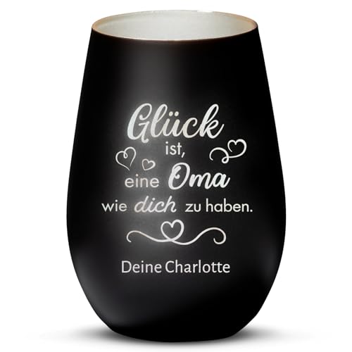 Love Faith Glück ist... Windlicht Schwarz/Silber - Personalisiertes Windlicht für Teelichter mit Gravur - Geschenk für Eltern, Großeltern & Freunde von Love Faith